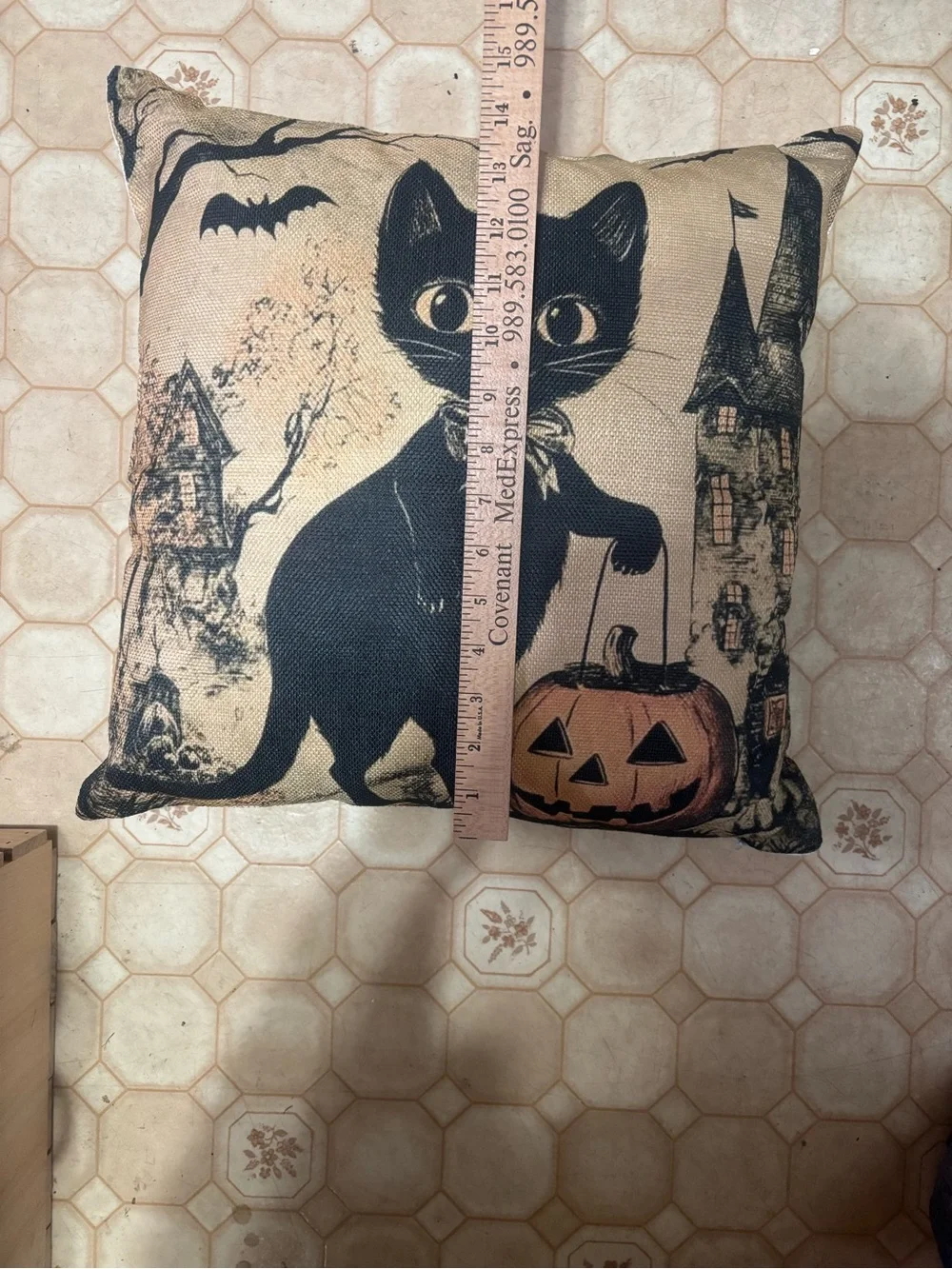 Halloween Black Cat Pillow with Jack-O'-Lantern